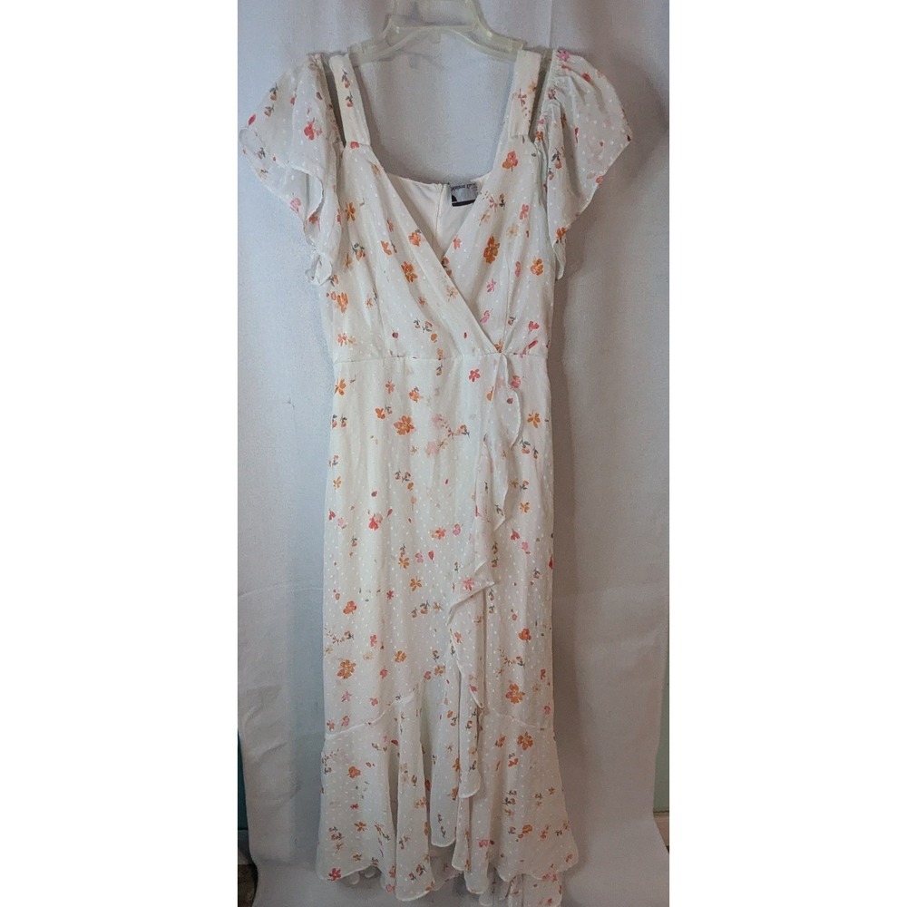 Maison Tara Maxi Dress Womens 8 White Floral Cold Shoulder Ruffle Hem Excellent
